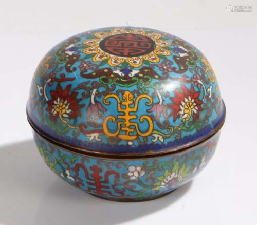 Chinese cloisonne pot and cover, the blue ground with scroll and foliate decoration, 14cm diameter