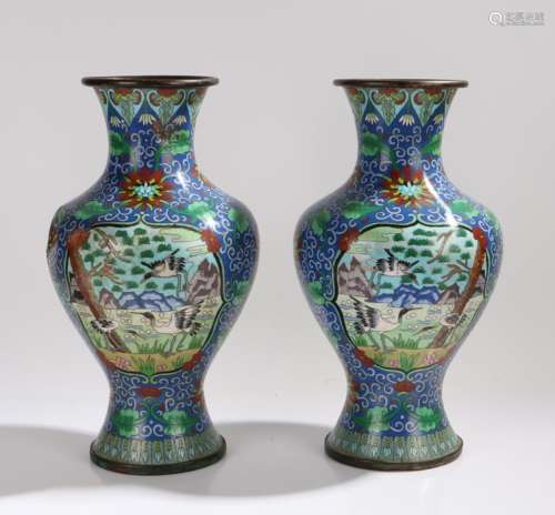 Pair of Chinese cloisonne vases, the blue ground with foliate decoration and cartouches depicting