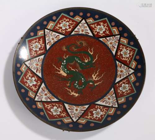 Cloisonne charger with central depiction of a dragon, surrounded by foliate decoration, scale