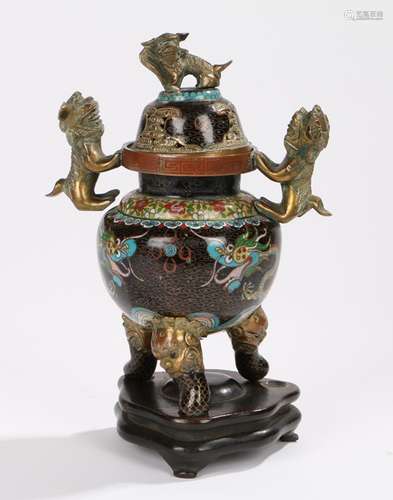 Chinese Cloisonné censer, the lid surmounted with a dog of foo above the domed pierced lid and