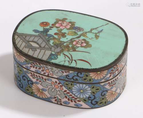 Cloisonne pot and cover, of oval form, the lid with turquoise ground and foliate decoration, the