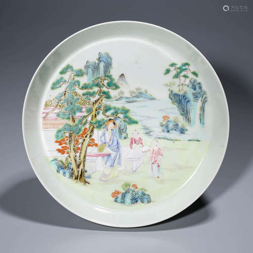 A CHINESE WUCAI PORCELAIN STORY DISH MARKED YONG ZHENG