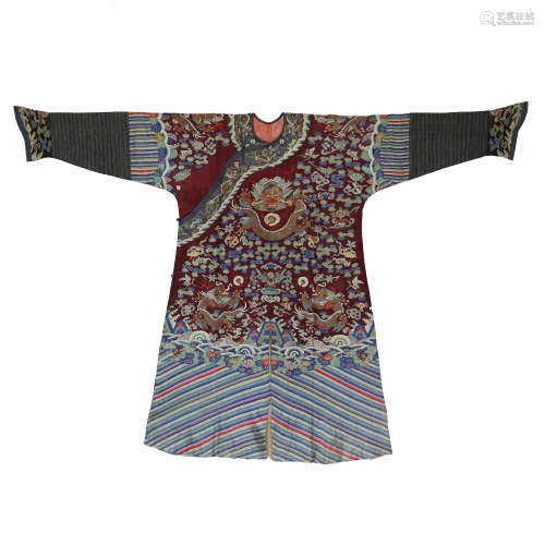 A QING CHINESE EMBROIDERED DRAGON ROBE