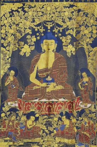 A CHINESE THANGKA SILK  OF SAKYAMUNI STATUE