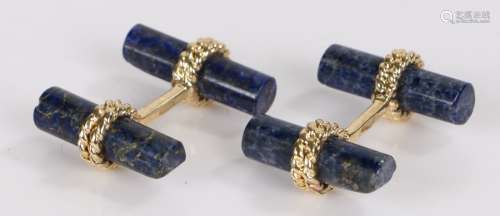 Pair of lapis lazuli and gilt metal cufflinks, with rope effect mounts