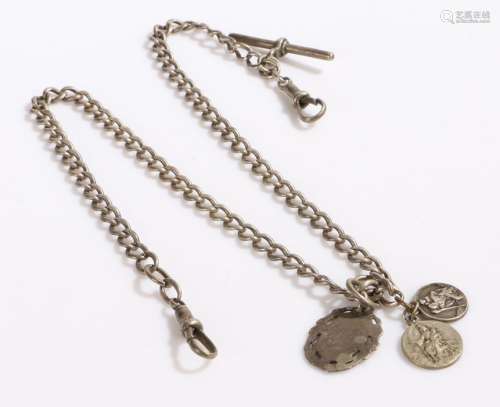 Silver pocket watch chain with T bar and three hanging religious pendants, 48cm long, gross weight