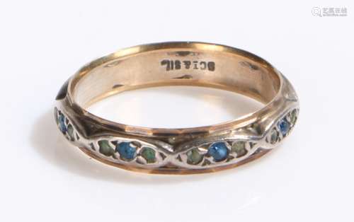 9 carat gold and silver ring set with green and blue paste, ring size Q, 2.7g