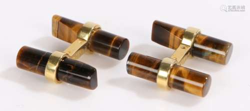 Pair of tigers eye and gilt metal cufflinks, with chamfered ends