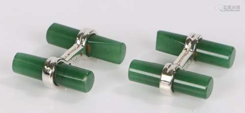Pair of jade and silver cufflinks, with chamfered ends