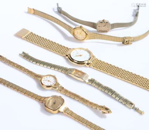 Six ladies gilt cased wristwatches, to include example by Citron, Timex, Accurist, Constant,
