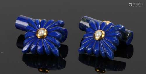 Pair of lapis lazuli and pearl set cufflinks, with square section carved ends set with a central