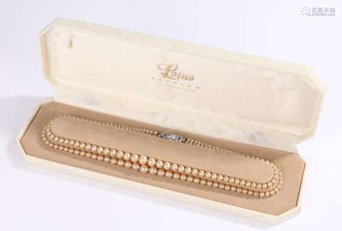 Lotus double strand graduated pearl necklace, with paste set clasp, in original box