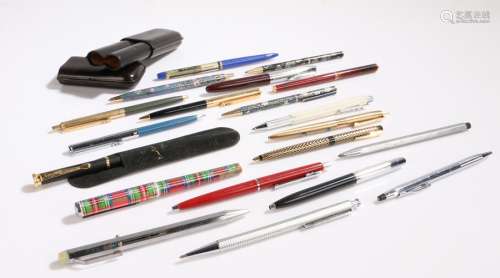Collection of twenty ball point pens and pencils, leather two pen holder (qty)
