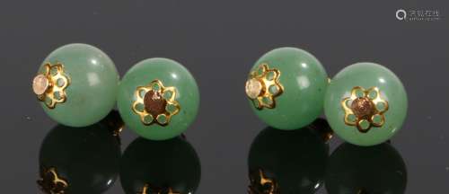 Pair of jade cufflinks, with foliate tipped ball links