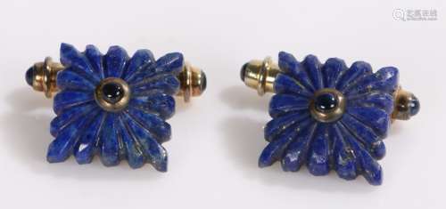 Pair of lapis lazuli and gilt metal cufflinks, with reeded gadrooned square heads