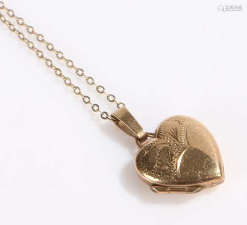 9 carat gold locket, of heart form, on a 9 carat gold necklace, 2.4g