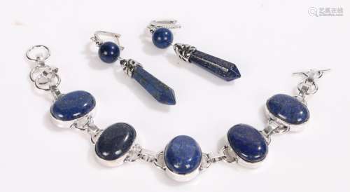 Lapis lazuli bracelet, pair of similar earrings with hexagonal tapering drops (3)