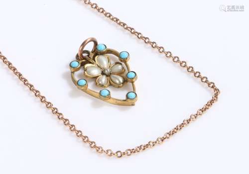 9 carat gold necklace, 47cm long, with hanging turquoise set pendant, the necklace 4.1g