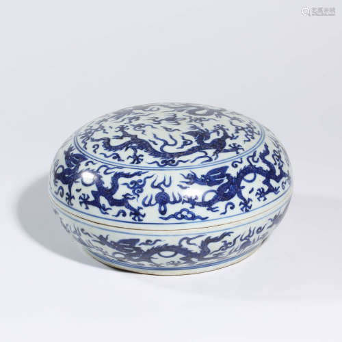 A CHINESE BLUE AND WHITE PORCELIAN DRAGON BOX AND COVER MARKED JIA JING