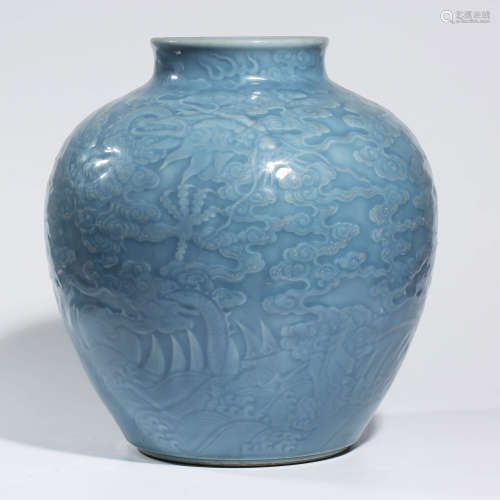 A CHINESE BLUE-GLAZED PORCELAIN JAR MARKED QIAN LONG