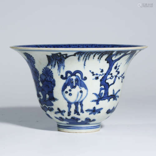 A SET BLUE AND WHITE PORCELAIN RAM AND QILIN BOWL MARKED JIA JING