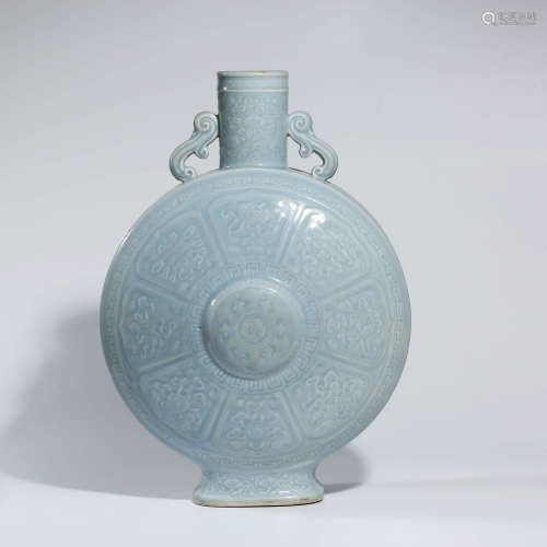 A LIGHT CELADON-GLAZED PORCELAIN EIGHT TREASURE MOONFLASK MARKED QIAN LONG