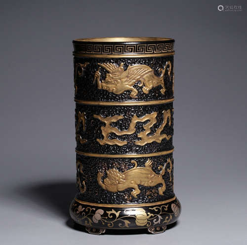 QIANLONG MARK, CHINESE GILT BRONZE BRUSHPOT