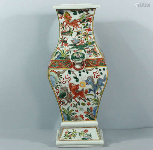 KANGXI MARK, CHINESE WUCAI SQUARED VASE