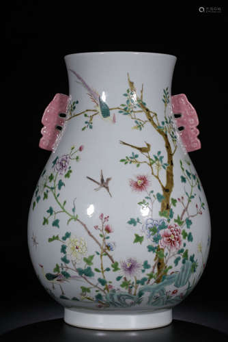 QIANLONG MARK, CHINESE FAMILLE ROSE BIRD VASE