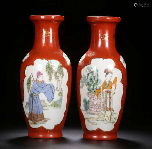 TONGZHI MARK, PAIR OF CHINESE CORAL RED GLAZED FAMILLE ROSE VASE