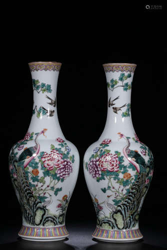 QIANLONG MARK, PAIR OF CHINESE FAMILLE ROSE VASE