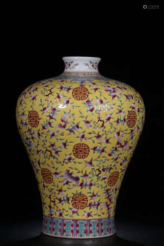 QIANLONG MARK, CHINESE YELLOW GROUND FAMILLE ROSE VASE