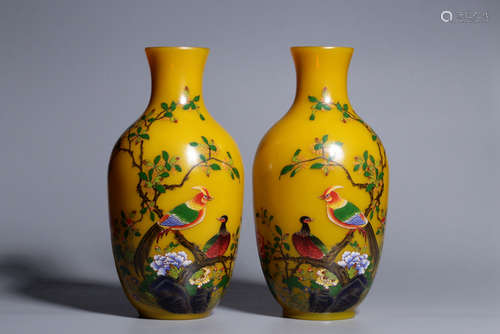 PAIR OF CHINESE YELLOW GLAZED FAMILLE ROSE VASE