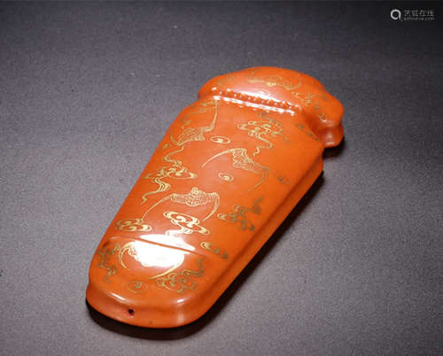 KANGXI MARK, CHINESE GILT CORAL RED GLAZED ORNAMENT