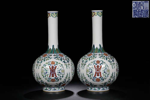 QIANLONG MARK, PAIR OF CHINESE DOUCAI LONG-NECK VASE