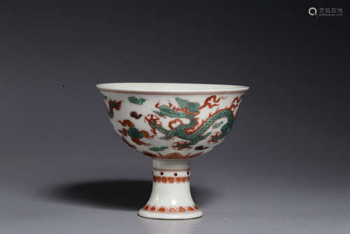 CHENGHUA MARK, CHINESE RED & GREEN COLORED DRAGON CUP