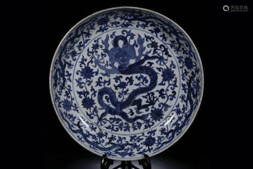 JIAJING MARK, CHINESE BLUE & WHITE DRAGON PLATE