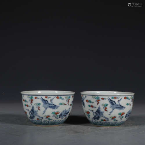 Chinese Pair Of Doucai Porcelain Cups
