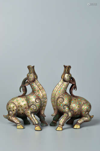 Chinese Pair Of Gold Silver Painted Beasts