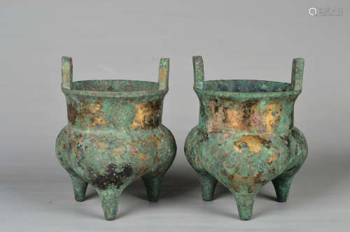Chinese Pair Of Bronze Tripod Furnace