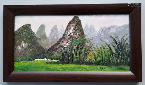 CHINESE OIL PAINTING OF LANDSCAPE ON CANVAS SIGNED BY