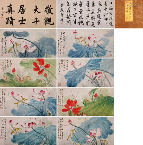 EIGHT PAGES OF CHINESE ALBUM PAINTING OF LOTUS SIGNED
