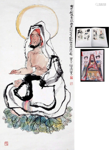 CHINESE SCROLL PAINTING OF SEATED LOHAN SIGNED BY CHENG