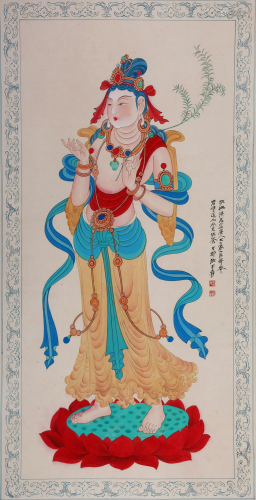 CHINESE SCROLL PAINTING OF STANDING GUANYIN ON LOTUS