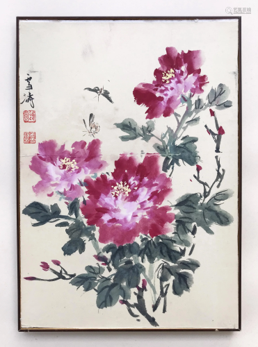 CHINESE SCROLL PAINTING OF BUTTERFLY AND FLOWER SIGNED
