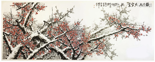 LARGE CHINESE SCROLL PAINTING OF PLUM BLOSSOMMINGS