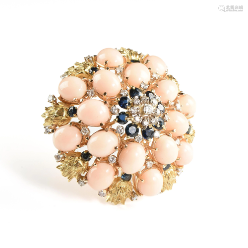 A VINTAGE MODERN PEACH CORAL, SAPPHIRE, DIAMOND, AND