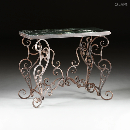 A FRENCH STYLE MARBLE TOPPED PATINATED WROUGHT IRON