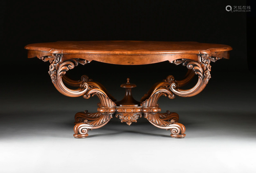 A ROCOCO REVIVAL STYLE BURLED WALNUT CENTER TABLE, LATE