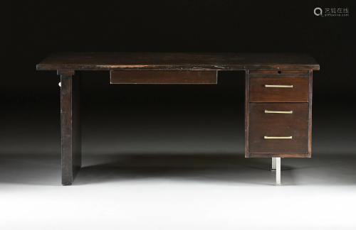 A MODERNIST BLACK STAINED WOOD AND STEEL OFFICE DESK,